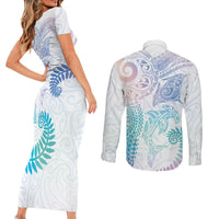 Aotearoa Maori Sea Animals Tribal Couples Matching Short Sleeve Bodycon Dress and Long Sleeve Button Shirt Manta Ray and Shark Moko Pattern Sweet Pastel LT03 - Polynesian Pride