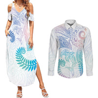Aotearoa Maori Sea Animals Tribal Couples Matching Summer Maxi Dress and Long Sleeve Button Shirt Manta Ray and Shark Moko Pattern Sweet Pastel