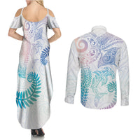 Aotearoa Maori Sea Animals Tribal Couples Matching Summer Maxi Dress and Long Sleeve Button Shirt Manta Ray and Shark Moko Pattern Sweet Pastel