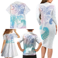 Aotearoa Maori Sea Animals Tribal Family Matching Long Sleeve Bodycon Dress and Hawaiian Shirt Manta Ray and Shark Moko Pattern Sweet Pastel LT03 Mom's Dress Multicolor - Polynesian Pride