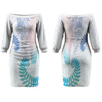 Aotearoa Maori Sea Animals Tribal Family Matching Off The Shoulder Long Sleeve Dress and Hawaiian Shirt Manta Ray and Shark Moko Pattern Sweet Pastel LT03 Mom's Dress Multicolor - Polynesian Pride