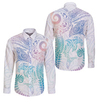 Aotearoa Maori Sea Animals Tribal Family Matching Off The Shoulder Long Sleeve Dress and Hawaiian Shirt Manta Ray and Shark Moko Pattern Sweet Pastel LT03 Dad's Shirt - Long Sleeve Multicolor - Polynesian Pride