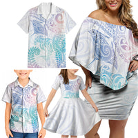 Aotearoa Maori Sea Animals Tribal Family Matching Off Shoulder Short Dress and Hawaiian Shirt Manta Ray and Shark Moko Pattern Sweet Pastel LT03 - Polynesian Pride