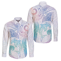 Aotearoa Maori Sea Animals Tribal Family Matching Short Sleeve Bodycon Dress and Hawaiian Shirt Manta Ray and Shark Moko Pattern Sweet Pastel LT03 Dad's Shirt - Long Sleeve Multicolor - Polynesian Pride