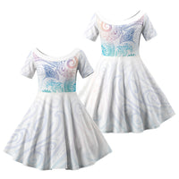 Aotearoa Maori Sea Animals Tribal Family Matching Short Sleeve Bodycon Dress and Hawaiian Shirt Manta Ray and Shark Moko Pattern Sweet Pastel LT03 Daughter's Dress Multicolor - Polynesian Pride