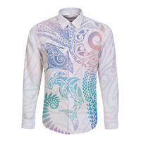 Aotearoa Maori Sea Animals Tribal Long Sleeve Button Shirt Manta Ray and Shark Moko Pattern Sweet Pastel LT03 Unisex Multicolor - Polynesian Pride