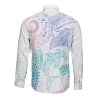 Aotearoa Maori Sea Animals Tribal Long Sleeve Button Shirt Manta Ray and Shark Moko Pattern Sweet Pastel LT03 - Polynesian Pride