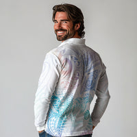 Aotearoa Maori Sea Animals Tribal Long Sleeve Polo Shirt Manta Ray and Shark Moko Pattern Sweet Pastel