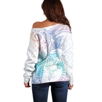 Aotearoa Maori Sea Animals Tribal Off Shoulder Sweater Manta Ray and Shark Moko Pattern Sweet Pastel