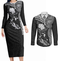 Hawaiian Manta Ray Tribal Couples Matching Long Sleeve Bodycon Dress and Long Sleeve Button Shirt Polynesian Art Motifs Black Color LT03 Black - Polynesian Pride