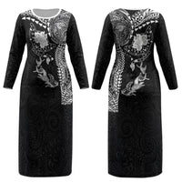 Hawaiian Manta Ray Tribal Couples Matching Long Sleeve Bodycon Dress and Long Sleeve Button Shirt Polynesian Art Motifs Black Color LT03