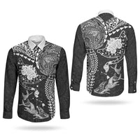 Hawaiian Manta Ray Tribal Couples Matching Mermaid Dress and Long Sleeve Button Shirt Polynesian Art Motifs Black Color LT03 - Polynesian Pride