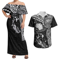 Hawaiian Manta Ray Tribal Couples Matching Off Shoulder Maxi Dress and Hawaiian Shirt Polynesian Art Motifs Black Color LT03 Black - Polynesian Pride
