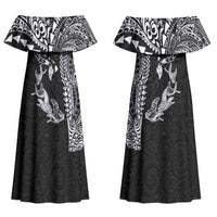 Hawaiian Manta Ray Tribal Couples Matching Off Shoulder Maxi Dress and Long Sleeve Button Shirt Polynesian Art Motifs Black Color LT03