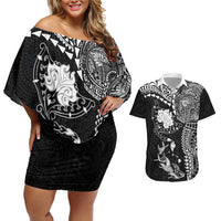Hawaiian Manta Ray Tribal Couples Matching Off Shoulder Short Dress and Hawaiian Shirt Polynesian Art Motifs Black Color