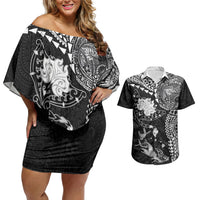 Hawaiian Manta Ray Tribal Couples Matching Off Shoulder Short Dress and Hawaiian Shirt Polynesian Art Motifs Black Color LT03 Black - Polynesian Pride