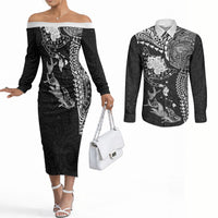 Hawaiian Manta Ray Tribal Couples Matching Off The Shoulder Long Sleeve Dress and Long Sleeve Button Shirt Polynesian Art Motifs Black Color LT03 Black - Polynesian Pride