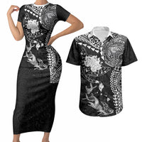 Hawaiian Manta Ray Tribal Couples Matching Short Sleeve Bodycon Dress and Hawaiian Shirt Polynesian Art Motifs Black Color LT03 Black - Polynesian Pride