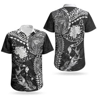 Hawaiian Manta Ray Tribal Couples Matching Short Sleeve Bodycon Dress and Hawaiian Shirt Polynesian Art Motifs Black Color LT03 - Polynesian Pride