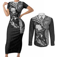 Hawaiian Manta Ray Tribal Couples Matching Short Sleeve Bodycon Dress and Long Sleeve Button Shirt Polynesian Art Motifs Black Color LT03 Black - Polynesian Pride