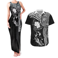 Hawaiian Manta Ray Tribal Couples Matching Tank Maxi Dress and Hawaiian Shirt Polynesian Art Motifs Black Color