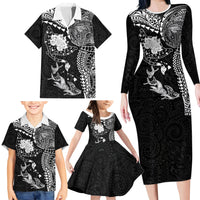 Hawaiian Manta Ray Tribal Family Matching Long Sleeve Bodycon Dress and Hawaiian Shirt Polynesian Art Motifs Black Color LT03 - Polynesian Pride