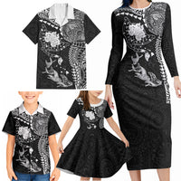 Hawaiian Manta Ray Tribal Family Matching Long Sleeve Bodycon Dress and Hawaiian Shirt Polynesian Art Motifs Black Color LT03 - Polynesian Pride