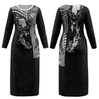 Hawaiian Manta Ray Tribal Family Matching Long Sleeve Bodycon Dress and Hawaiian Shirt Polynesian Art Motifs Black Color LT03 Mom's Dress Black - Polynesian Pride