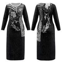 Hawaiian Manta Ray Tribal Family Matching Long Sleeve Bodycon Dress and Hawaiian Shirt Polynesian Art Motifs Black Color LT03 Mom's Dress Black - Polynesian Pride