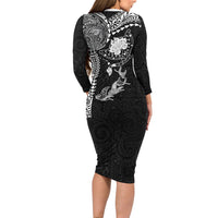 Hawaiian Manta Ray Tribal Family Matching Long Sleeve Bodycon Dress and Hawaiian Shirt Polynesian Art Motifs Black Color