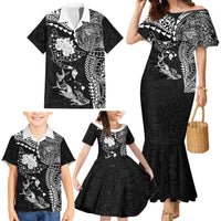 Hawaiian Manta Ray Tribal Family Matching Mermaid Dress and Hawaiian Shirt Polynesian Art Motifs Black Color LT03 - Polynesian Pride