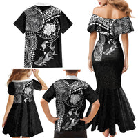 Hawaiian Manta Ray Tribal Family Matching Mermaid Dress and Hawaiian Shirt Polynesian Art Motifs Black Color LT03 Mom's Dress Black - Polynesian Pride