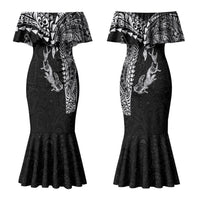 Hawaiian Manta Ray Tribal Family Matching Mermaid Dress and Hawaiian Shirt Polynesian Art Motifs Black Color LT03 Mom's Dress Black - Polynesian Pride