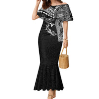 Hawaiian Manta Ray Tribal Family Matching Mermaid Dress and Hawaiian Shirt Polynesian Art Motifs Black Color