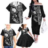 Hawaiian Manta Ray Tribal Family Matching Off The Shoulder Long Sleeve Dress and Hawaiian Shirt Polynesian Art Motifs Black Color