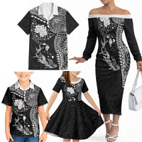 Hawaiian Manta Ray Tribal Family Matching Off The Shoulder Long Sleeve Dress and Hawaiian Shirt Polynesian Art Motifs Black Color LT03 - Polynesian Pride