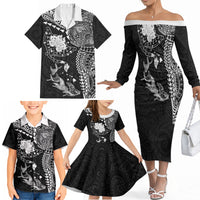 Hawaiian Manta Ray Tribal Family Matching Off The Shoulder Long Sleeve Dress and Hawaiian Shirt Polynesian Art Motifs Black Color LT03 - Polynesian Pride