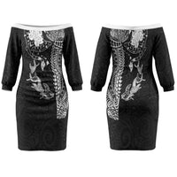 Hawaiian Manta Ray Tribal Family Matching Off The Shoulder Long Sleeve Dress and Hawaiian Shirt Polynesian Art Motifs Black Color LT03 Mom's Dress Black - Polynesian Pride