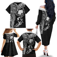 Hawaiian Manta Ray Tribal Family Matching Off The Shoulder Long Sleeve Dress and Hawaiian Shirt Polynesian Art Motifs Black Color