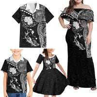 Hawaiian Manta Ray Tribal Family Matching Off Shoulder Maxi Dress and Hawaiian Shirt Polynesian Art Motifs Black Color