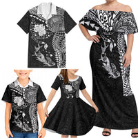 Hawaiian Manta Ray Tribal Family Matching Off Shoulder Maxi Dress and Hawaiian Shirt Polynesian Art Motifs Black Color LT03 - Polynesian Pride