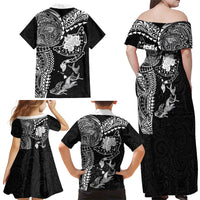 Hawaiian Manta Ray Tribal Family Matching Off Shoulder Maxi Dress and Hawaiian Shirt Polynesian Art Motifs Black Color LT03 Mom's Dress Black - Polynesian Pride