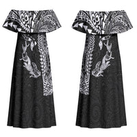 Hawaiian Manta Ray Tribal Family Matching Off Shoulder Maxi Dress and Hawaiian Shirt Polynesian Art Motifs Black Color LT03 Mom's Dress Black - Polynesian Pride