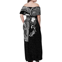 Hawaiian Manta Ray Tribal Family Matching Off Shoulder Maxi Dress and Hawaiian Shirt Polynesian Art Motifs Black Color