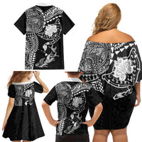 Hawaiian Manta Ray Tribal Family Matching Off Shoulder Short Dress and Hawaiian Shirt Polynesian Art Motifs Black Color LT03 Mom's Dress Black - Polynesian Pride