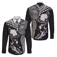 Hawaiian Manta Ray Tribal Family Matching Off Shoulder Short Dress and Hawaiian Shirt Polynesian Art Motifs Black Color LT03 Dad's Shirt - Long Sleeve Black - Polynesian Pride