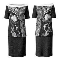 Hawaiian Manta Ray Tribal Family Matching Puletasi and Hawaiian Shirt Polynesian Art Motifs Black Color LT03 Mom's Dress Black - Polynesian Pride
