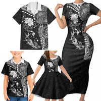 Hawaiian Manta Ray Tribal Family Matching Short Sleeve Bodycon Dress and Hawaiian Shirt Polynesian Art Motifs Black Color LT03 - Polynesian Pride