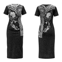 Hawaiian Manta Ray Tribal Family Matching Short Sleeve Bodycon Dress and Hawaiian Shirt Polynesian Art Motifs Black Color LT03 Mom's Dress Black - Polynesian Pride