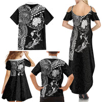 Hawaiian Manta Ray Tribal Family Matching Summer Maxi Dress and Hawaiian Shirt Polynesian Art Motifs Black Color LT03 Mom's Dress Black - Polynesian Pride